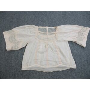 Anthropologie Shirt Womens 8‎ Ivory Pink Lace Boho Peasant Puff Sleeve Sheer
